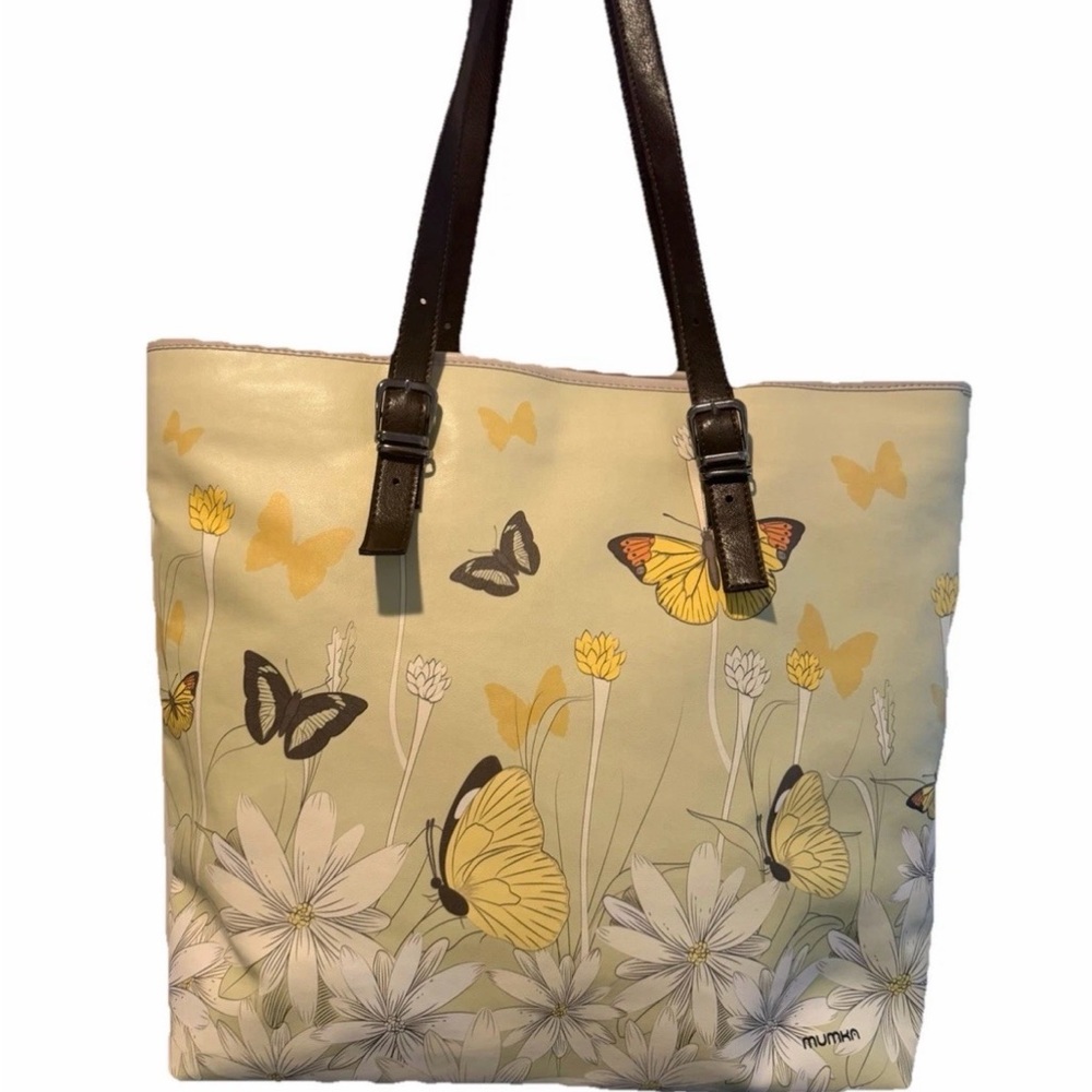 Yellow Butterfly Floral Tote Bag with Brown Handles